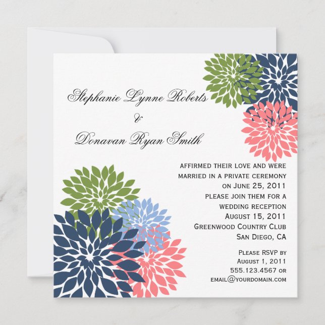 Chic Modern Navy Pink Green Flower Petals Invitation (Front)