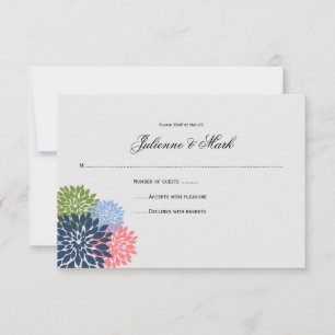 Chic Modern Navy Pink Green Flower Petals RSVP Card