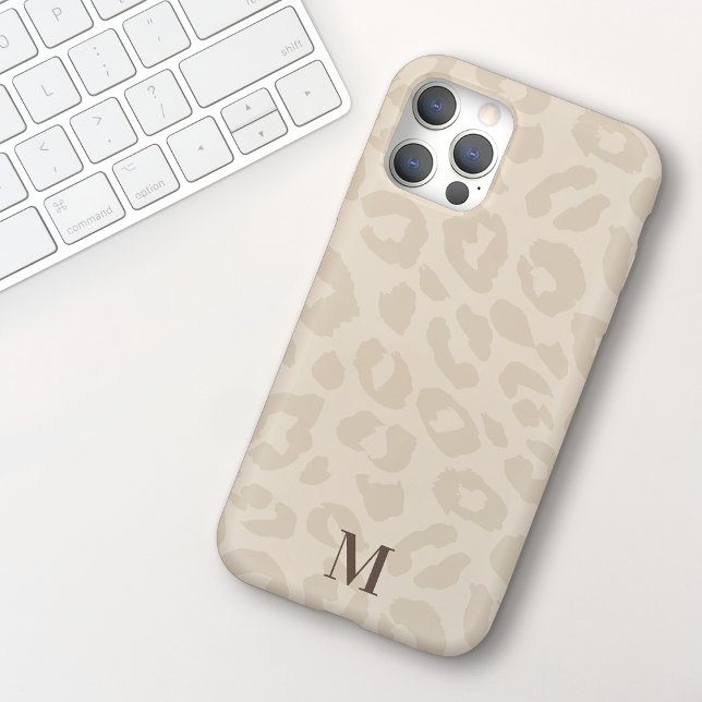 Chic Modern Neutral Colour Leopard Print Monogram iPhone 15 Case (Creator Uploaded)