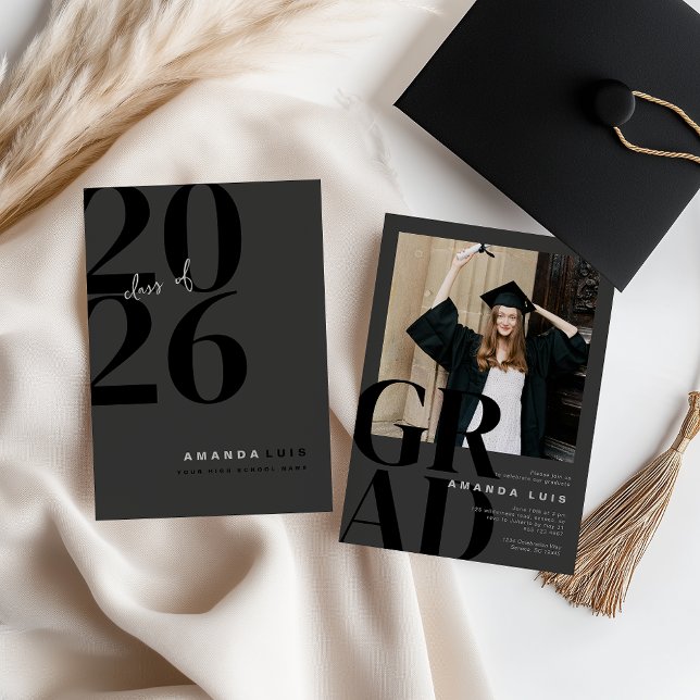 Chic Modern Photo Charcoal Graduation Invitation (Creator Uploaded)