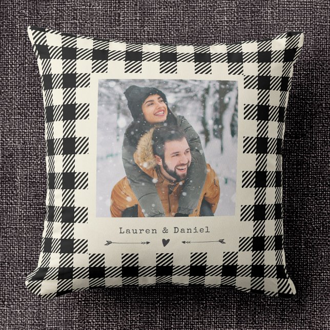 Chic Modern Photo Ivory Plaid Valentines Day Cushion (Creator Uploaded)