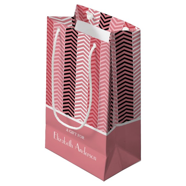 Chic Modern Pink Chevron Stripes With Name Small Gift Bag (Front Angled)