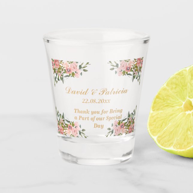 Chic Modern Pink Floral  wedding favours for Guest Shot Glass (Front)