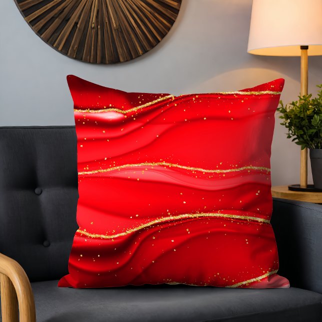 Chic Modern Red Abstract Wave Gold Glitter Sparkle Cushion (Creator Uploaded)