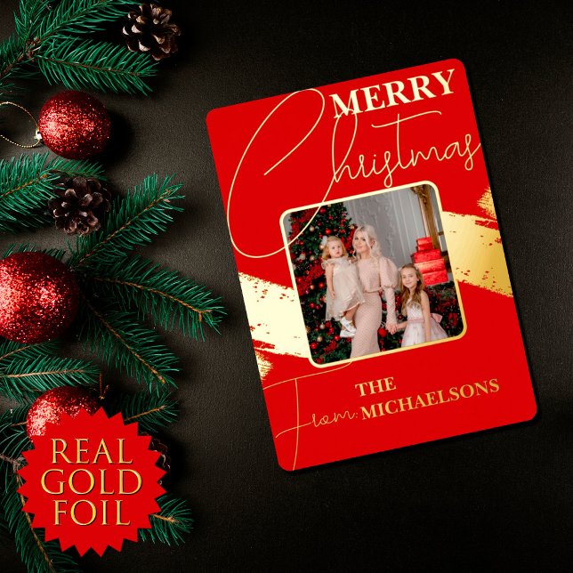 Chic Modern Red Typography Photo Christmas Gold (Creator Uploaded)