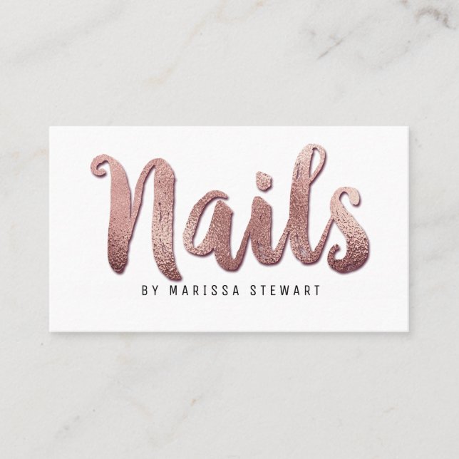 Chic Modern Rose Gold Brushstroke Nail Technician Business Card (Front)