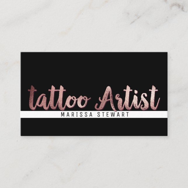 Chic Modern Rose Gold Brushstroke Tattoo Artist Business Card (Front)
