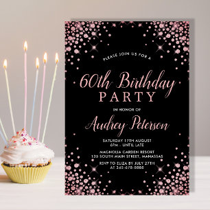 Chic Modern Rose Gold Glitter Black 60th Birthday  Invitation