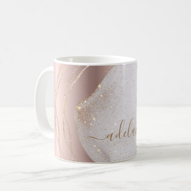 Chic Modern Rose Gold Glitter Monogram Script Name Coffee Mug (Front Left)