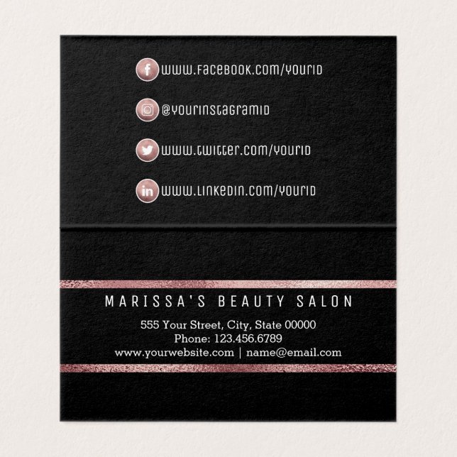 Chic Modern Rose Gold Simple Outline Social Media Business Card (Inside Unfolded)