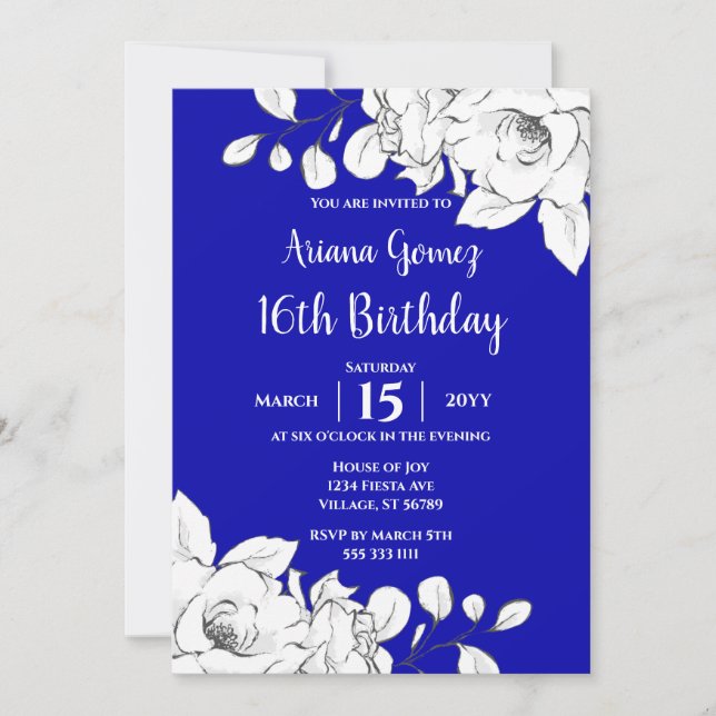 Chic Modern Royal Blue White Floral 16th Birthday Invitation (Front)