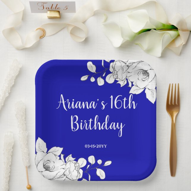 Chic Modern Royal Blue White Floral Birthday Party Paper Plate (Wedding)
