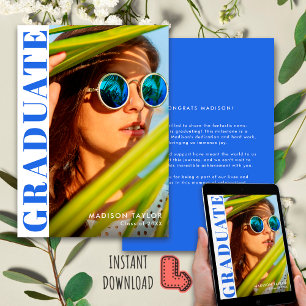 Chic Modern Royal Blue White Photo Graduation Announcement