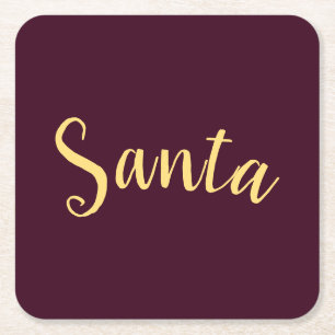 Chic Modern "Santa" Script On Festive Burgundy Red Square Paper Coaster