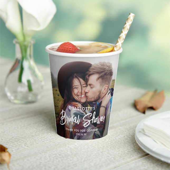 Chic Modern Script 2 Photo Minimal Bridal Shower Paper Cups (Insitu)