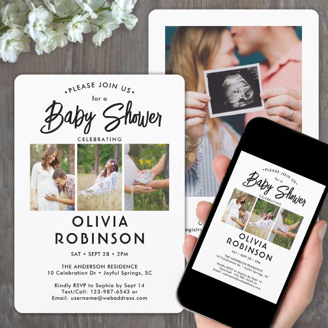 Chic Modern Script 4 Photo Minimal Baby Shower Invitation (Creator Uploaded)