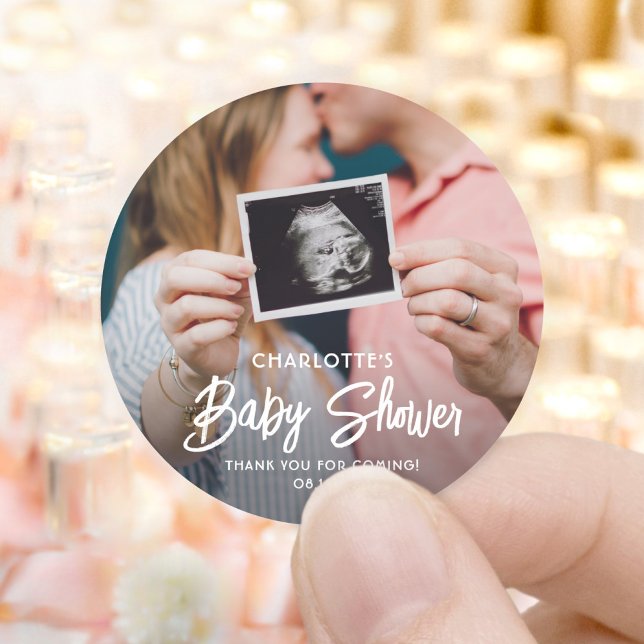 Chic Modern Script & Photo Baby Shower Thank You Classic Round Sticker (Creator Uploaded)