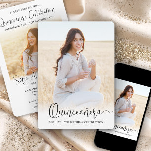 Chic Modern Script Quinceañera Celebration 2 Photo Invitation