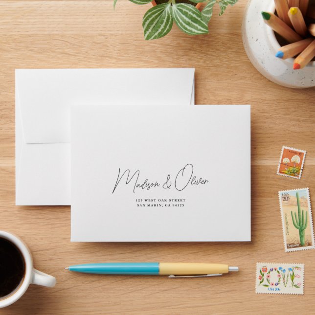 Chic Modern Script Self-Addressed Wedding Reply Envelope (Desk)