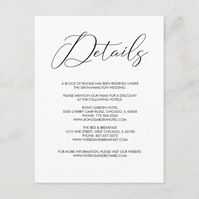 Chic Modern Script Wedding Details Enclosure Card (Front)
