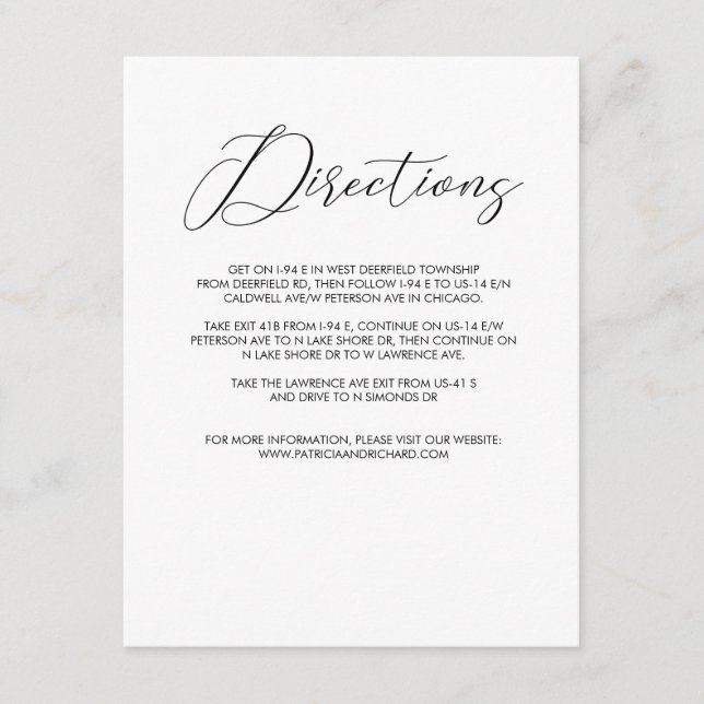 Chic Modern Script Wedding Directions Enclosure (Front)