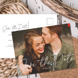 Chic Modern Script Wedding Photo Save The Date Announcement Postcard<br><div class="desc">This chic and modern save the date photo POSTCARD features a graceful calligraphy script "save the date" and your wedding date in white over a horizontal full-bleed photo. The back of the card has all your details. These save the date postcards are economical yet chic!</div>