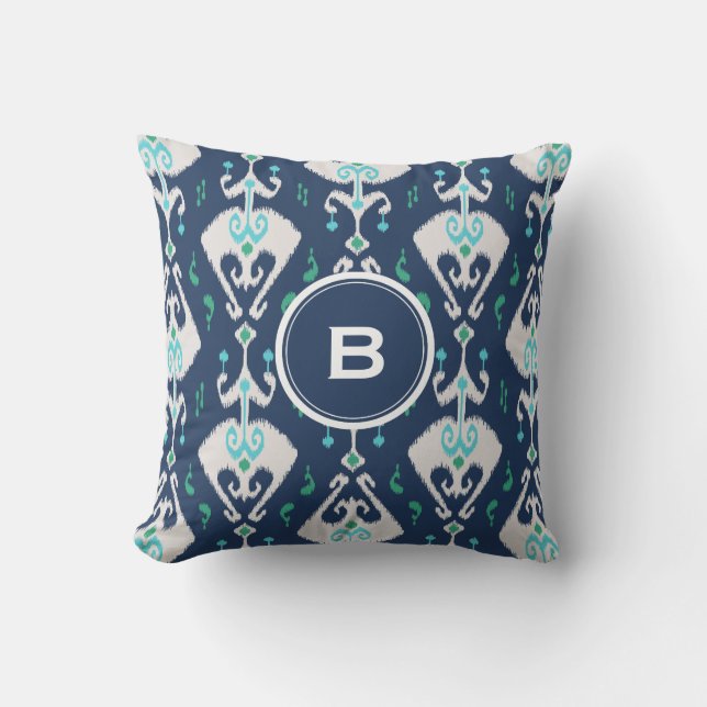 Chic modern teal navy blue ikat tribal pattern cushion (Front)