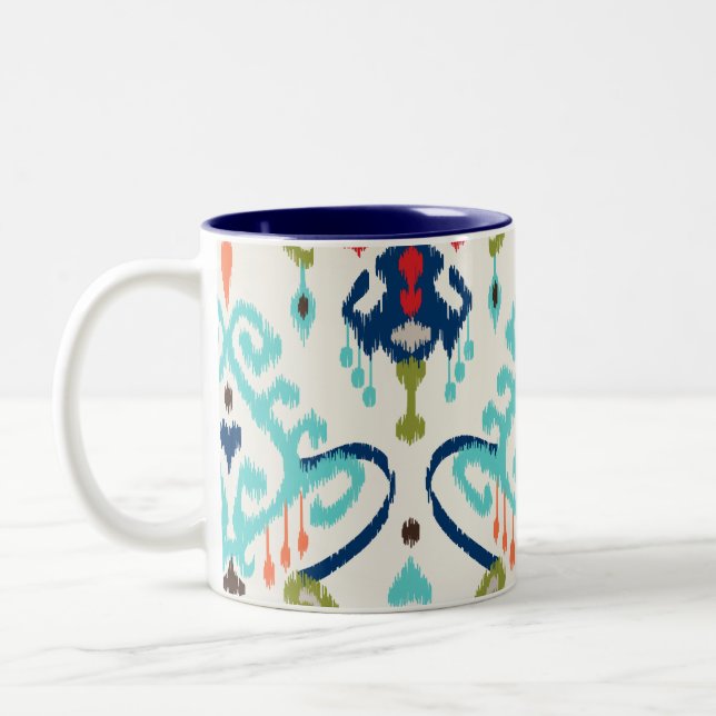 Chic modern teal navy blue ikat tribal pattern Two-Tone coffee mug (Left)