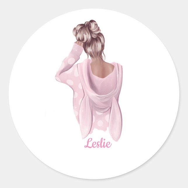 Chic Modern Trendy Woman In Pink Custom Name Classic Round Sticker (Front)