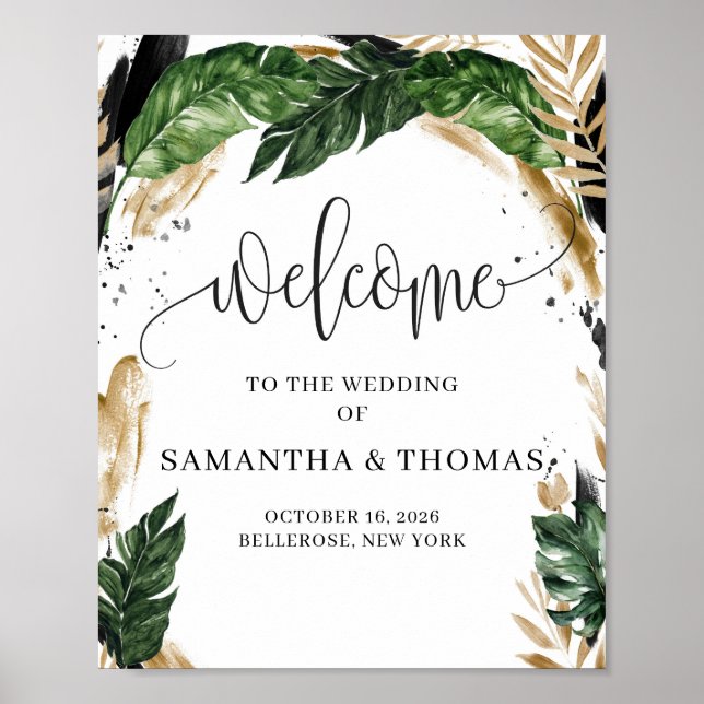 Chic modern tropical leaves wedding welcome sign (Front)