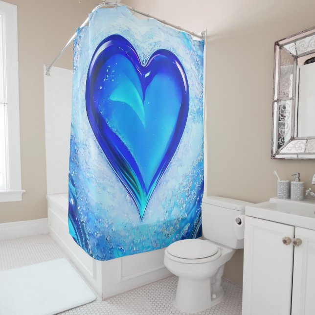 Chic Modern Vibrant Blue Crystal Heart Shower Curtain (In Situ)