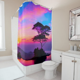Chic Modern Vibrant Pink Blue Sunset Landscape Shower Curtain