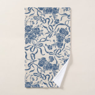 Chic Modern Vintage Ivory Navy Blue Floral Pattern Hand Towel