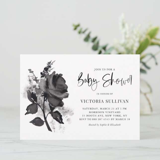 Chic Modern Watercolor Black Rose Baby Shower Invitation (Standing Front)