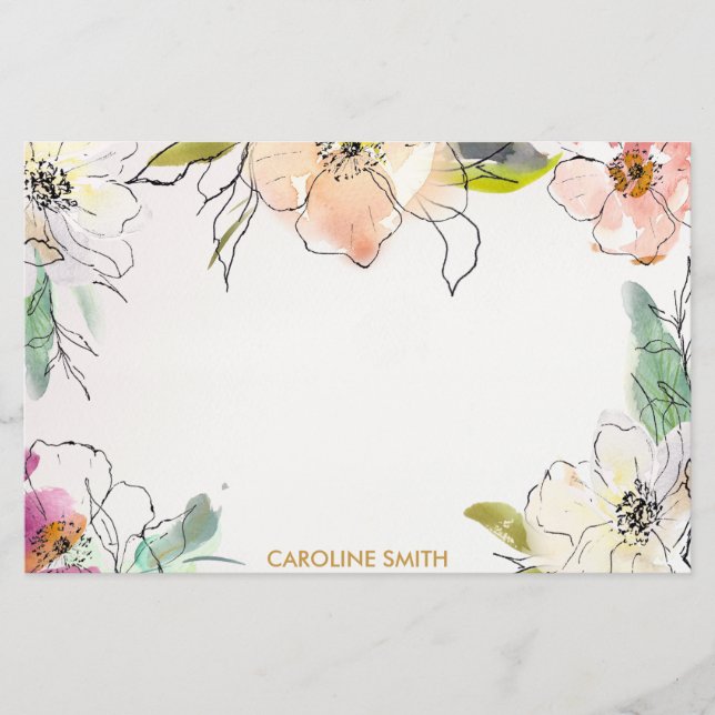 Chic Modern Watercolor Floral Note Stationery (Front)
