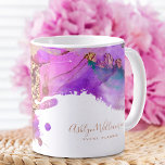 Chic, modern watercolor gold pink purple splatter coffee mug<br><div class="desc">Faux gold handwritten typography and rich, gold, purple, pink, and turquoise watercolor ink swirls and splatters overlay a white background on this chic, elegant, modern custom name and profession coffee mug. Makes a fun and stylish statement every time you enjoy your morning java along with your work day. A great...</div>