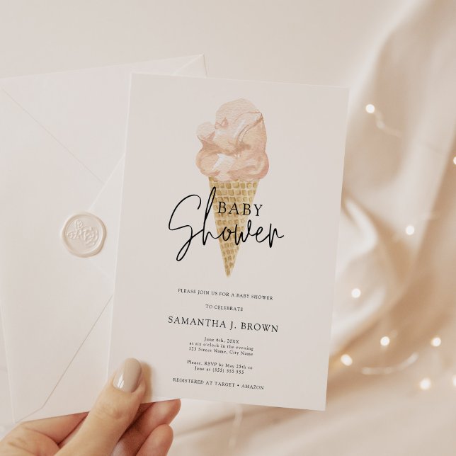 Chic Modern Watercolor Ice Cream Baby Shower Invitation (Creator Uploaded)