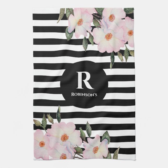 Chic Modern Watercolor Pink Roses Stripes Monogram Tea Towel (Vertical)