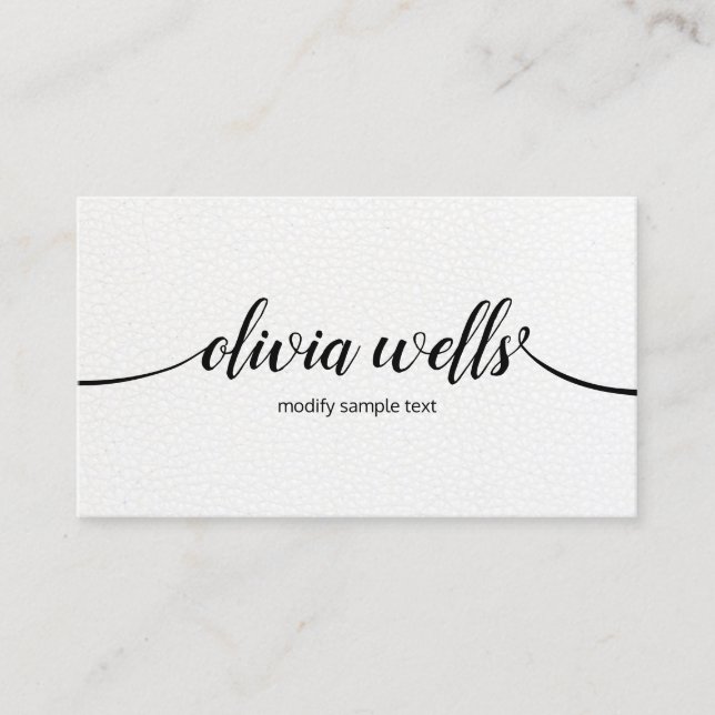 Chic Modern White Leather Handwritten Calligraphy Business Card (Front)