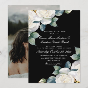 Chic Modern White Rose Floral Black Wedding Invitation