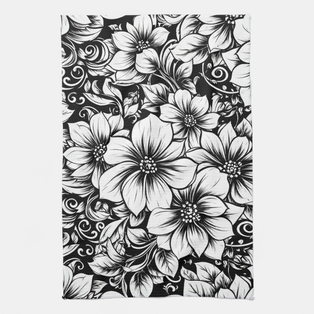Chic Monochrome Floral Luxury Pattern (1) Tea Towel (Vertical)