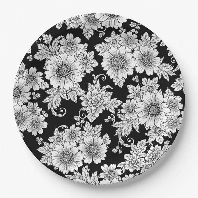 Chic Monochrome Floral Luxury Pattern (2) Paper Plate (Front)