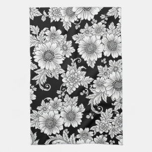 Chic Monochrome Floral Luxury Pattern (2) Tea Towel