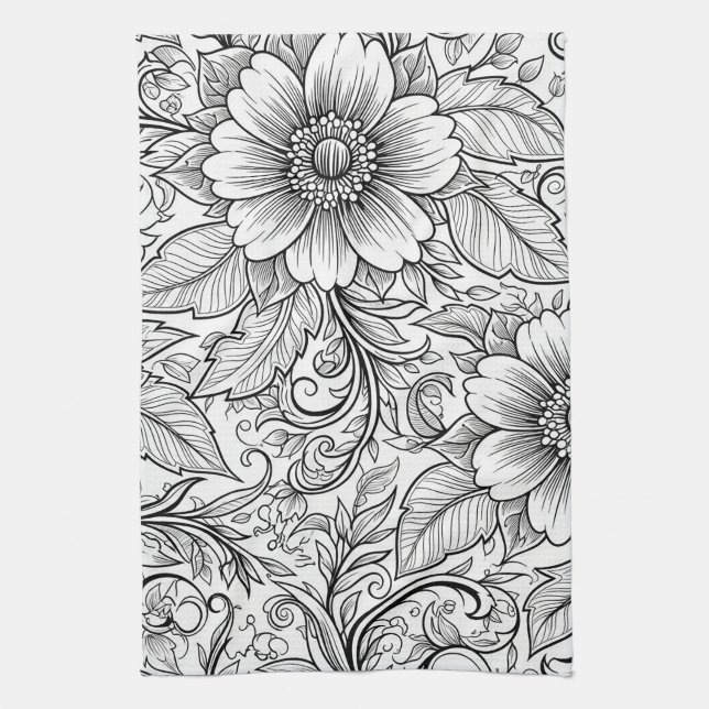 Chic Monochrome Floral Luxury Pattern (3) Tea Towel (Vertical)