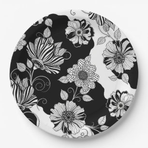 Chic Monochrome Floral Luxury Pattern (4) Paper Plate