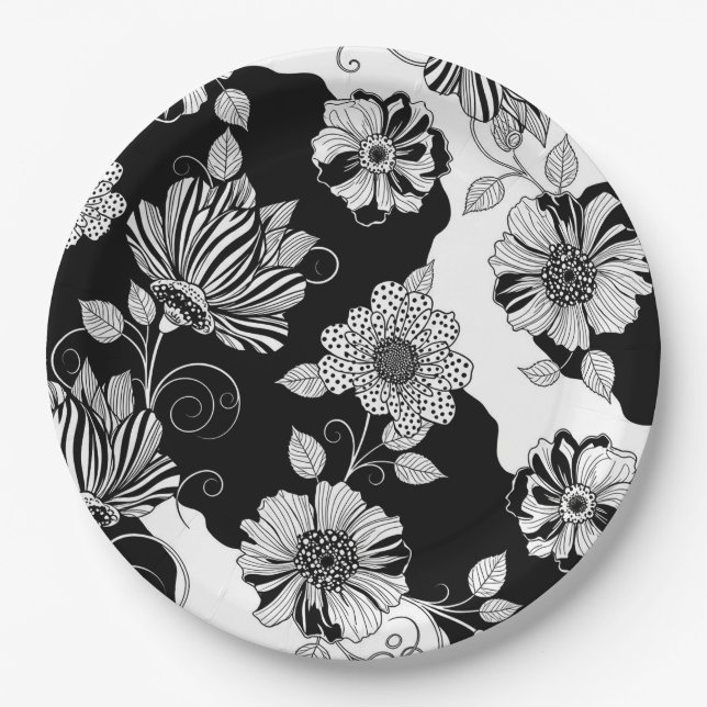 Chic Monochrome Floral Luxury Pattern (4) Paper Plate (Front)