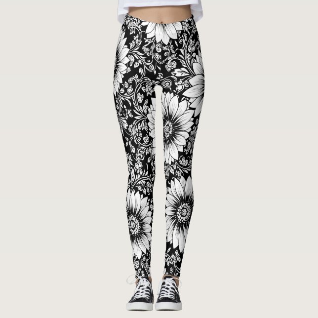 Chic Monochrome Floral Luxury Pattern (5) Leggings (Front)