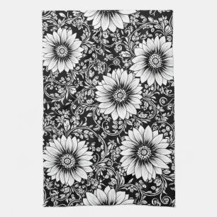 Chic Monochrome Floral Luxury Pattern (5) Tea Towel