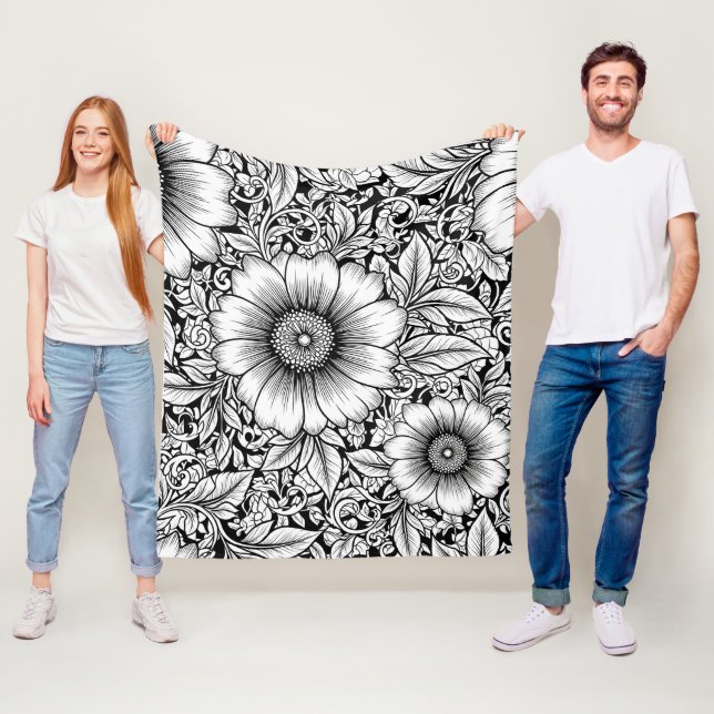 Chic Monochrome Floral Luxury Pattern (7) Fleece Blanket (In Situ)