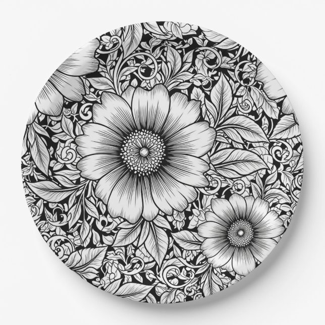 Chic Monochrome Floral Luxury Pattern (7) Paper Plate (Front)